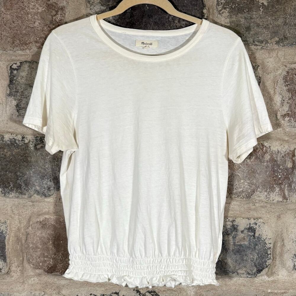 Madewell Blouse Woman's Small Cream Smocked Hem Boho Coastal Casual Minimal
